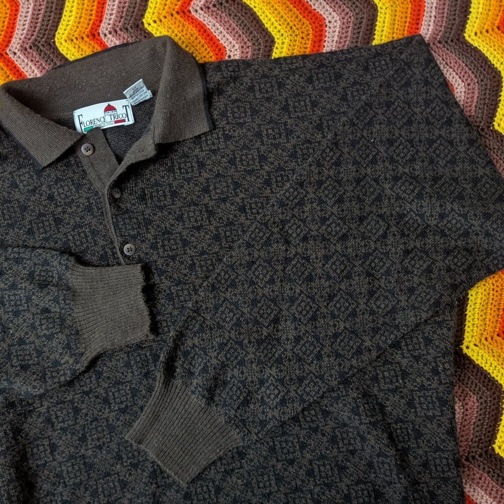 XL men's vtg 90s Florence Tricot Wool Blend Polo Sweater earth colors boho H100